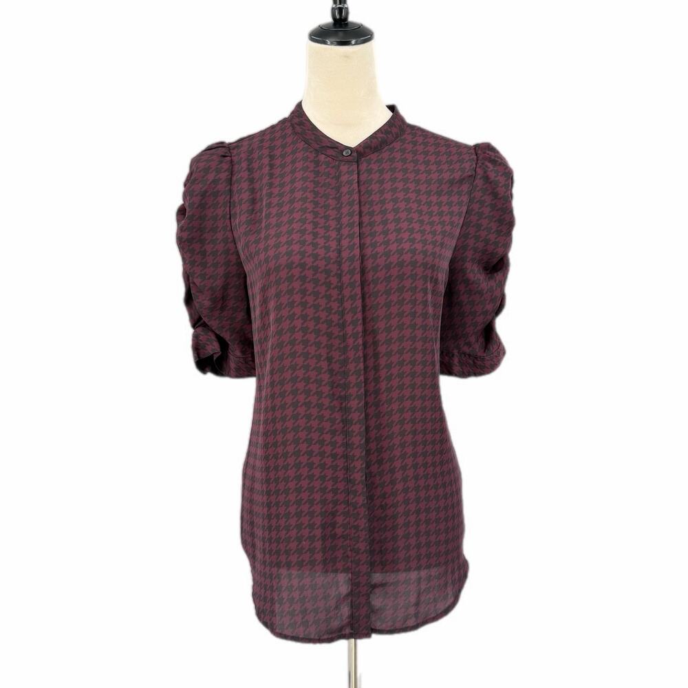 Laundry Burgundy Black Houndstooth Print Ruched Dark Academia Office Blouse Top